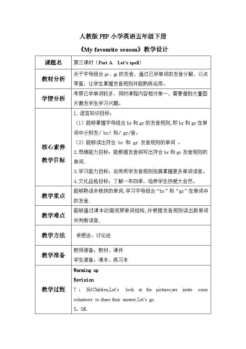 【公开课】人教版PEP小学英语五年级下册 U2 My favourite season 第3课时PA Let's spell 课件+教案+练习+素材01