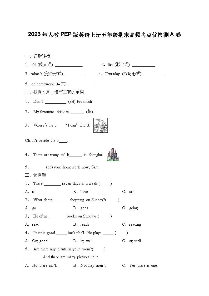 人教PEP版英语上册五年级期末高频考点优检测A卷（含答案）01
