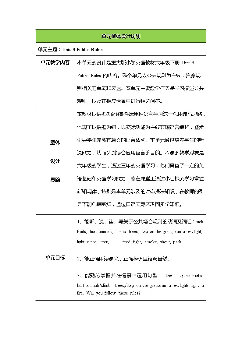 Unit 3 Public rules Lesson 1大单元表格式教案01