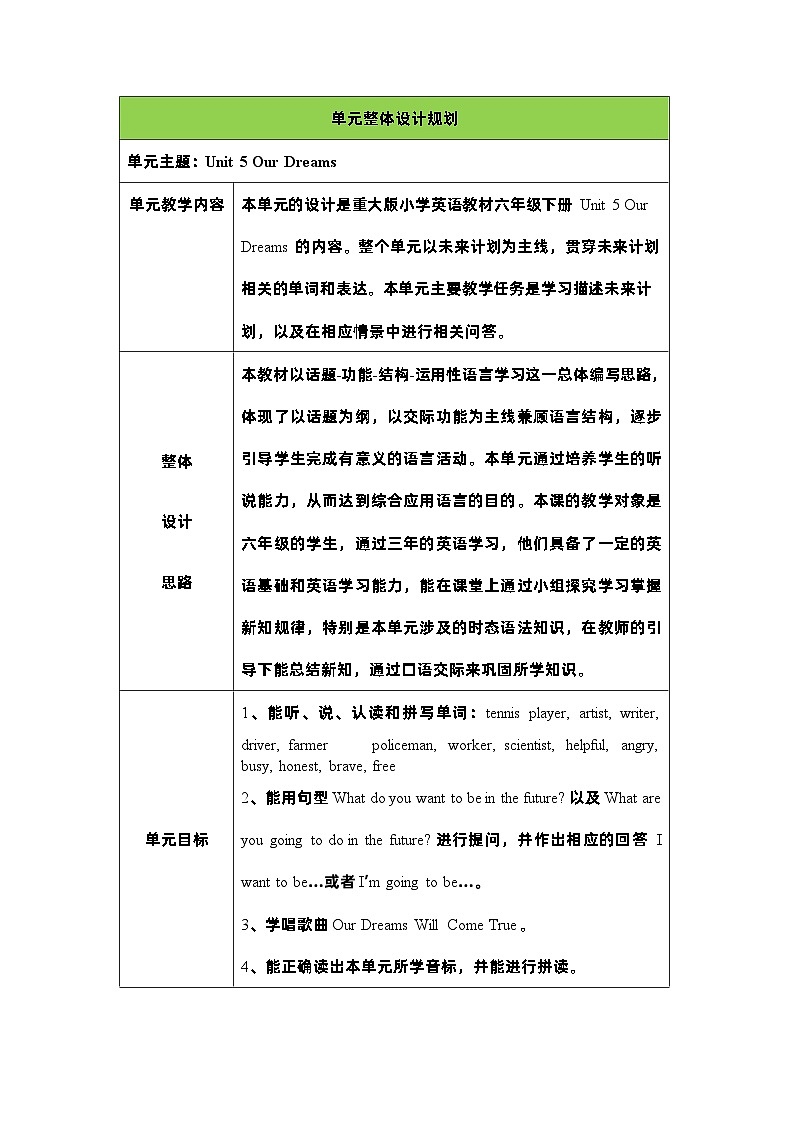 Unit 5 Our dreams Lesson 1大单元表格式教案01