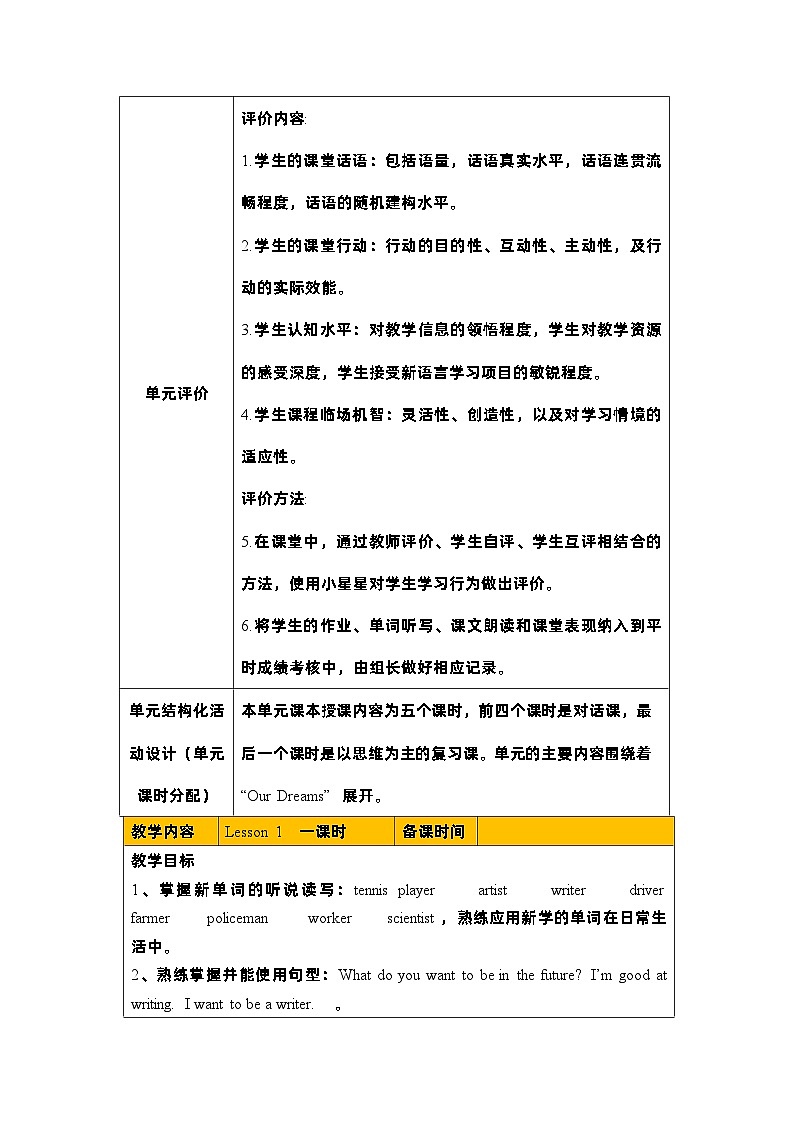 Unit 5 Our dreams Lesson 1大单元表格式教案02
