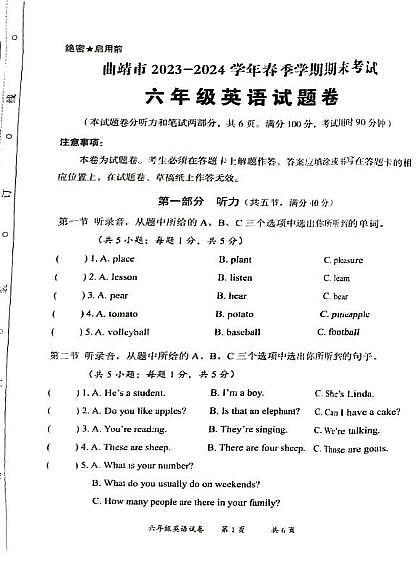 云南省曲靖市2023-2024学年六年级下学期期末英语试题第1页