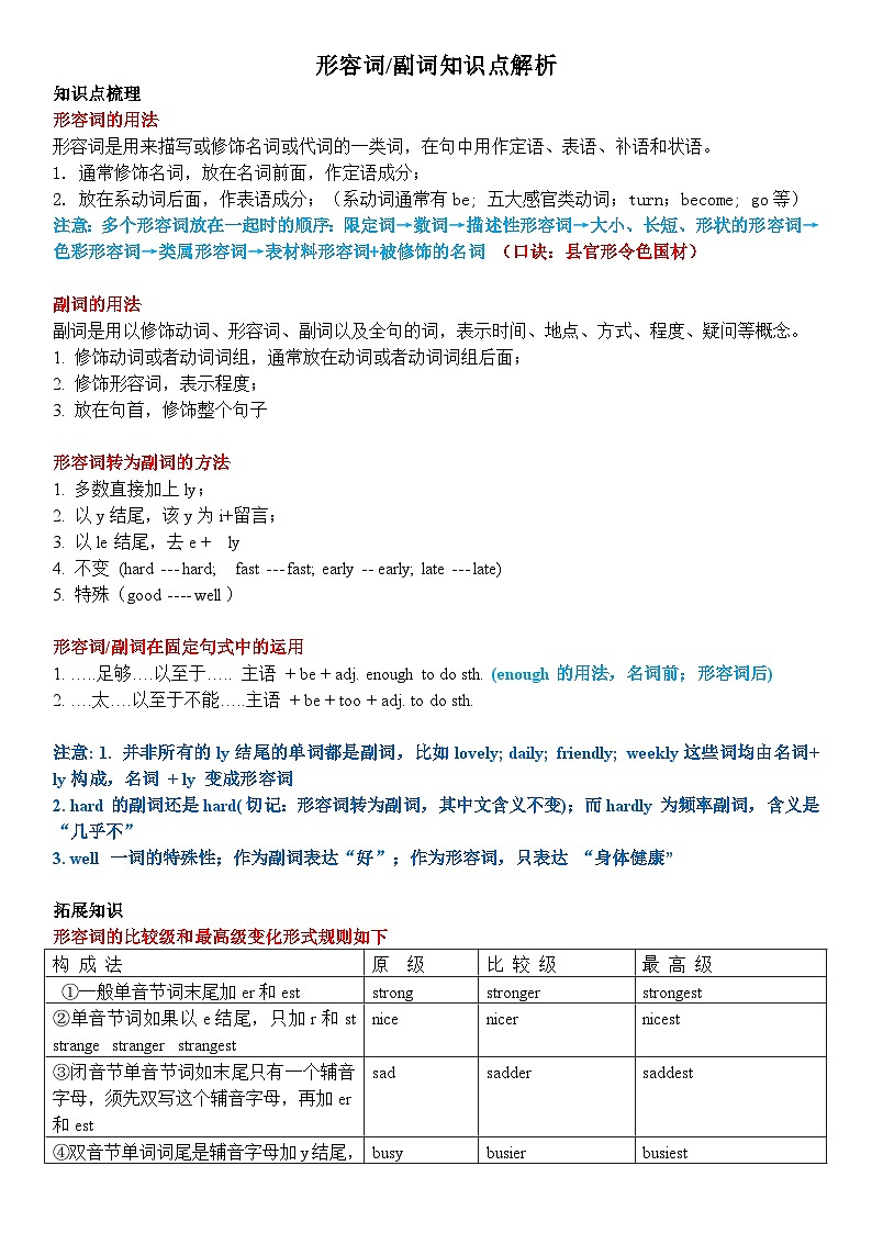 牛津译林版暑假五升六英语语法预习形容词、副词讲义+练习（含答案）01