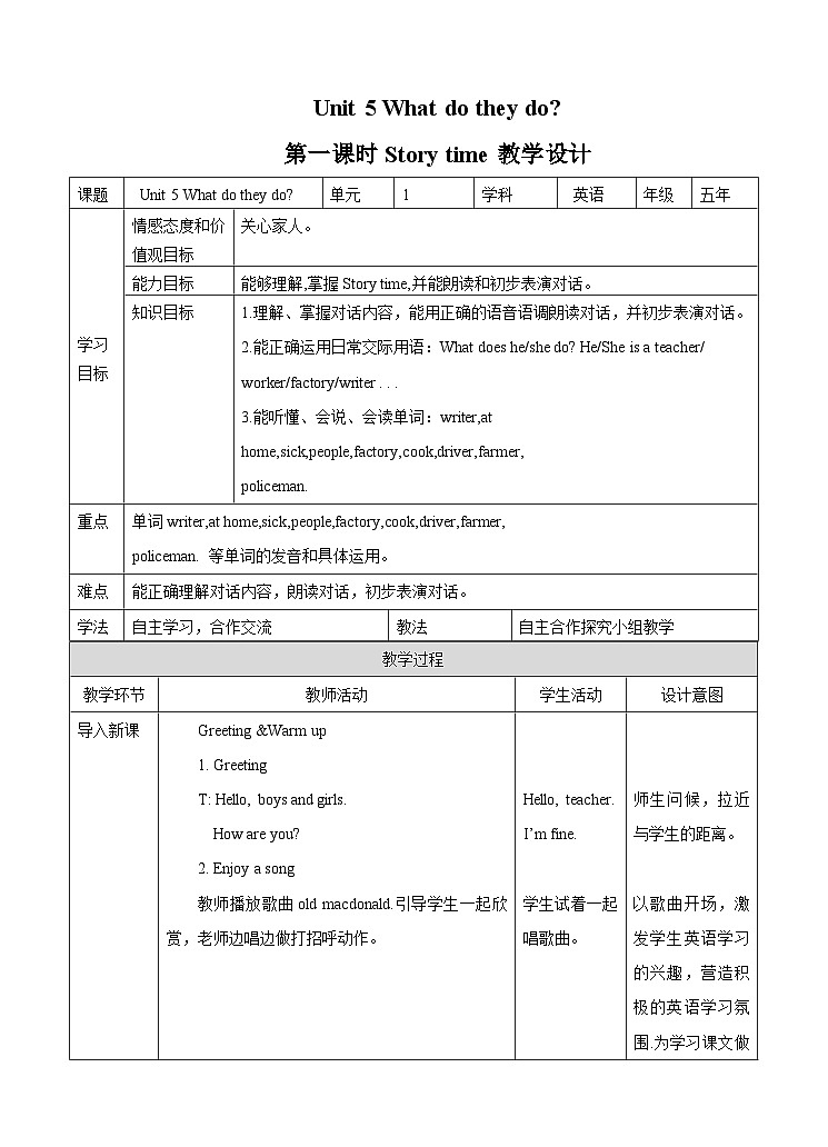 牛津译林版英语五上五上Unit5 What do they do. 第1课时 Story time（课件+教案+练习+素材）01
