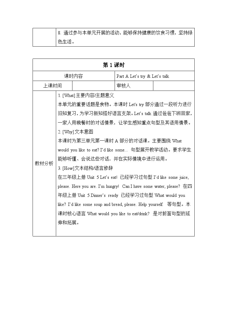 人教PEP版五年级上册英语Unit 3 What would you like单元整体教学设计（教案）03