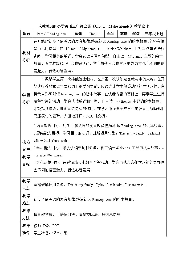 【核心素养】人教版英语三年级上册-Unit 1 Making friends Part C Reading time教案第1页