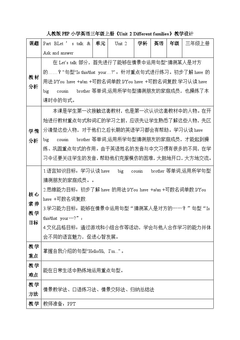 【核心素养】人教版英语三年级上册-U2 Part B Let's talk & Ask and answer（课件+教案+习题）01