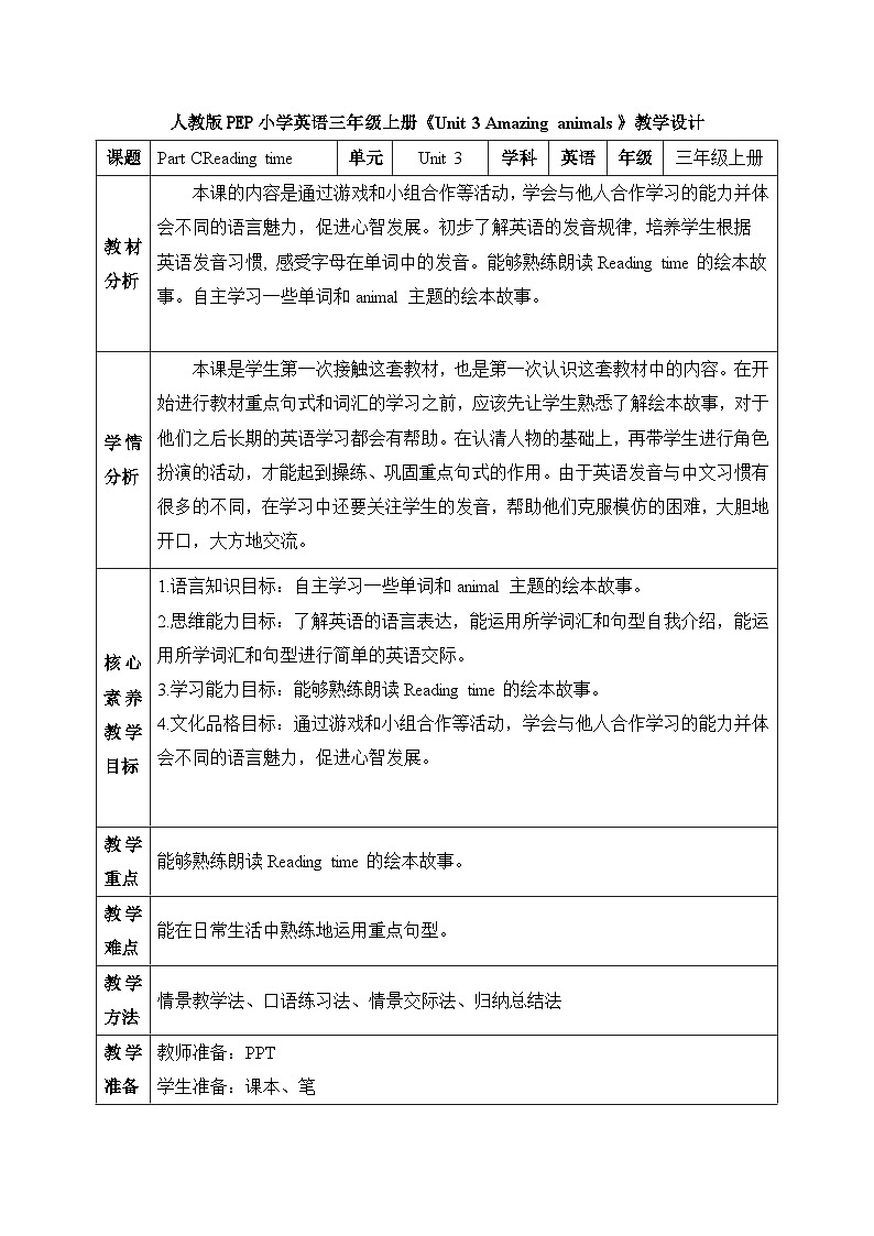 【核心素养】人教版英语三年级上册-U3 Part C Reading time（课件+教案+习题）01