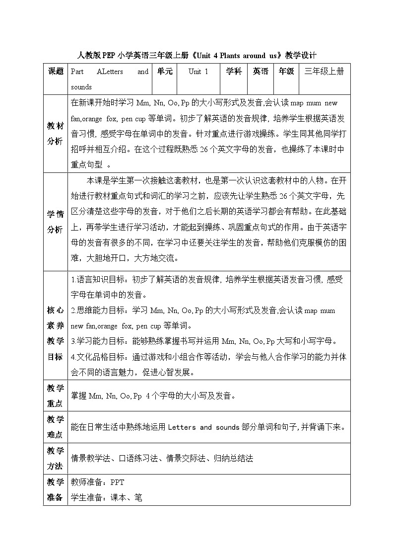 【核心素养】人教版英语三年级上册-U4 Part A Letters and sounds（课件+教案+习题）01