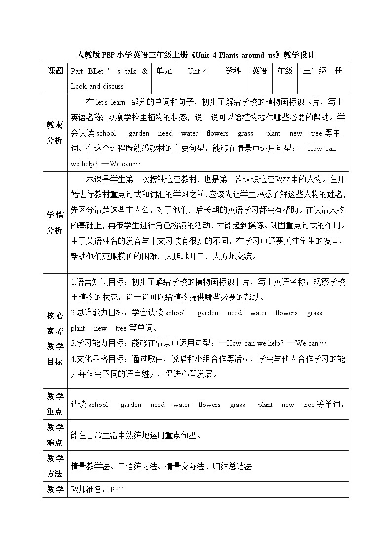 【核心素养】人教版英语三年级上册-U4 Part B Let's talk & Look and discuss（课件+教案+习题）01