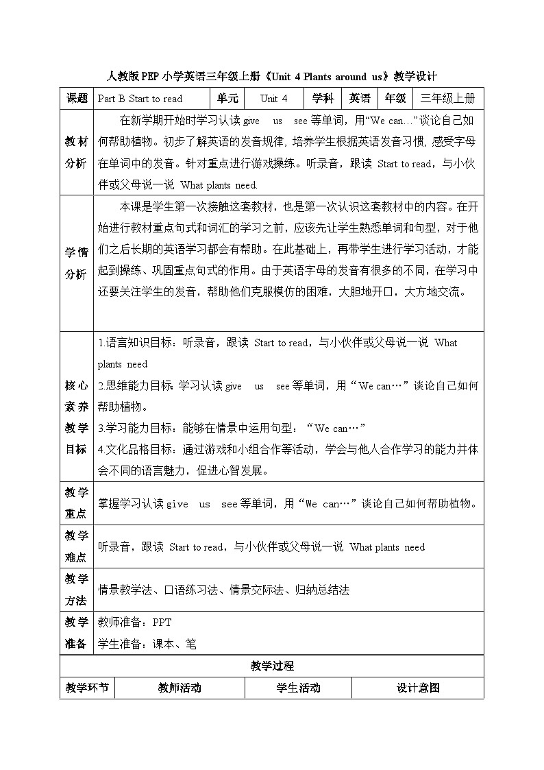 【核心素养】人教版英语三年级上册-U4 Part B Start to read（课件+教案+习题）01