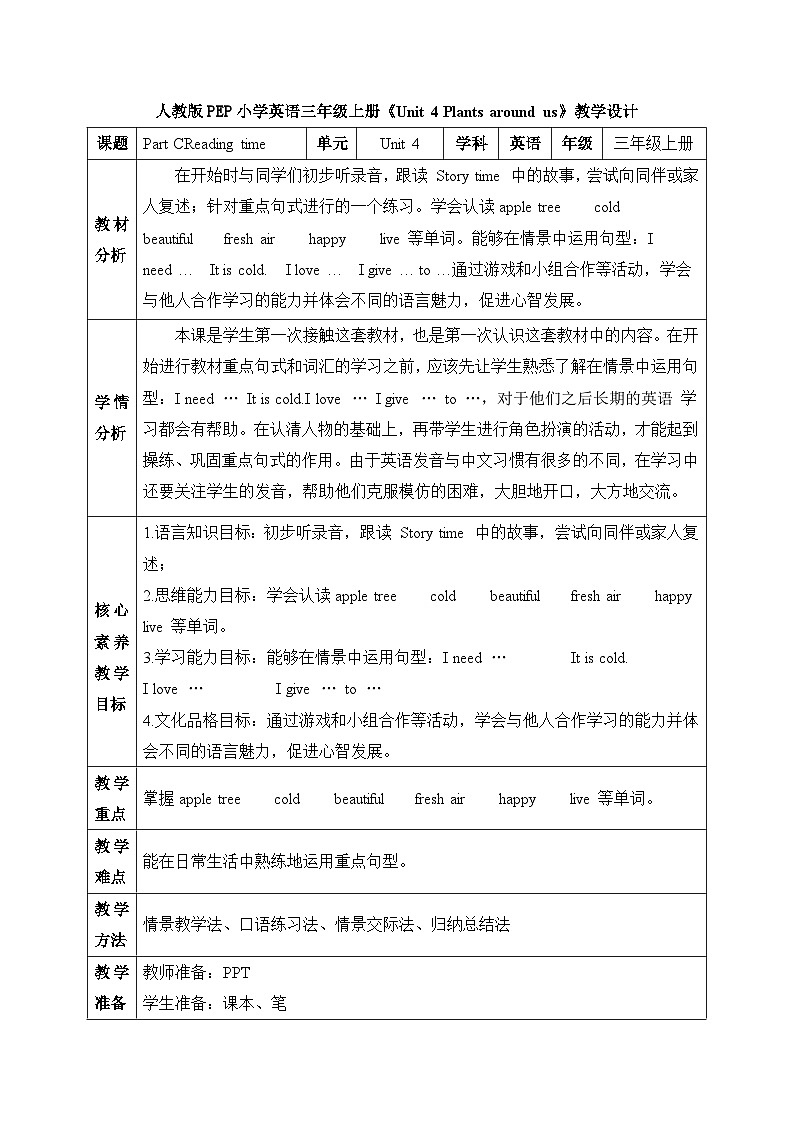 【核心素养】人教版英语三年级上册-U4 Part C  Reading time（课件+教案+习题）01