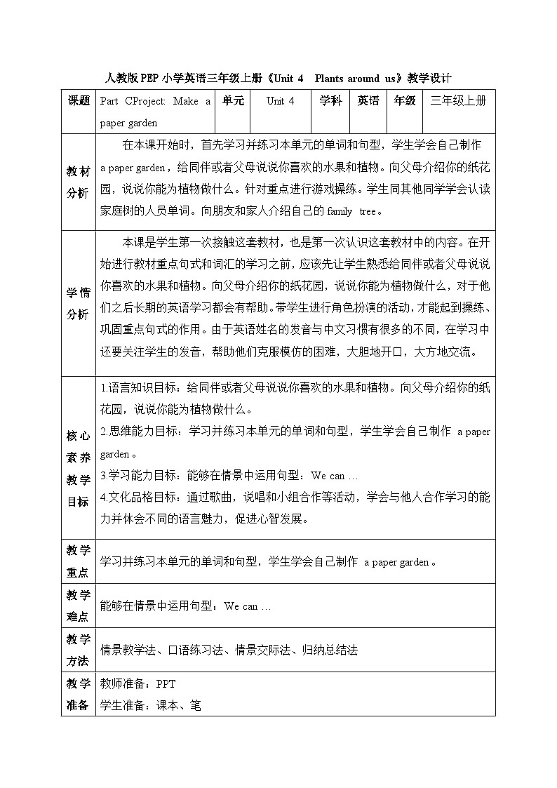 【核心素养】人教版英语三年级上册-U4 Part C Project（课件+教案+习题）01