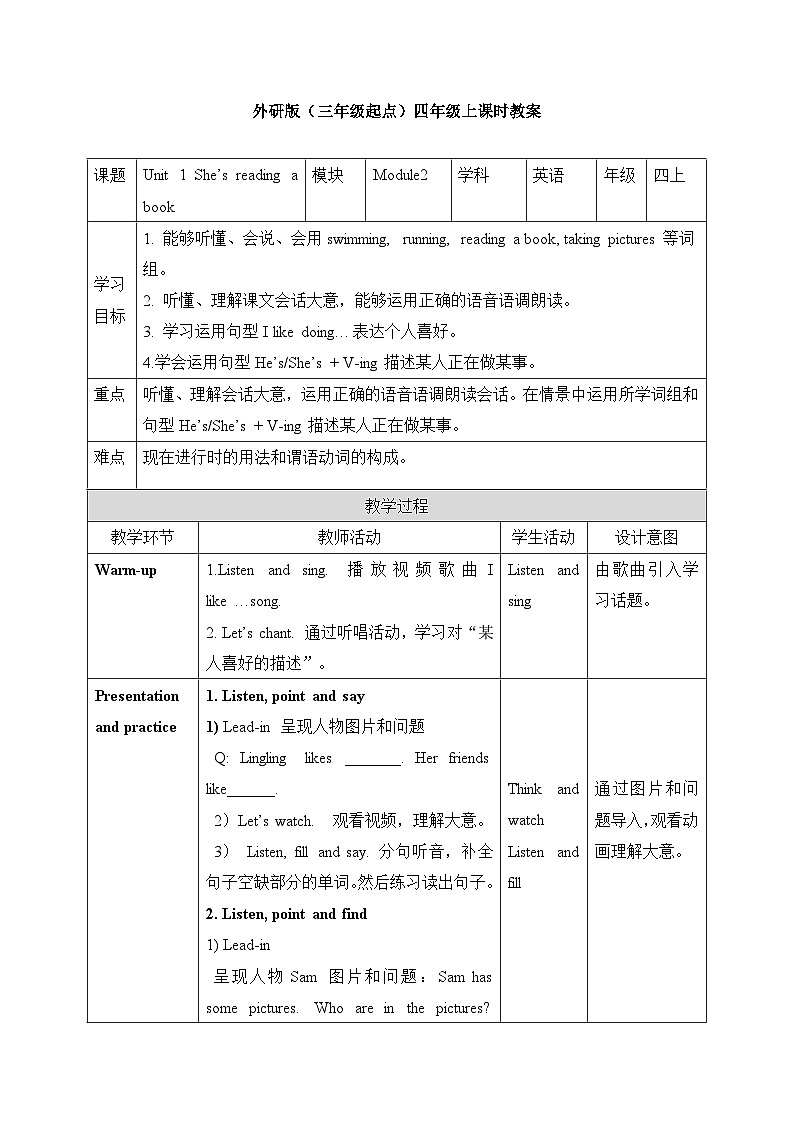 外研版英语四年级上册Module2Unit1She’s reading a book（课件＋教案＋练习＋素材）01