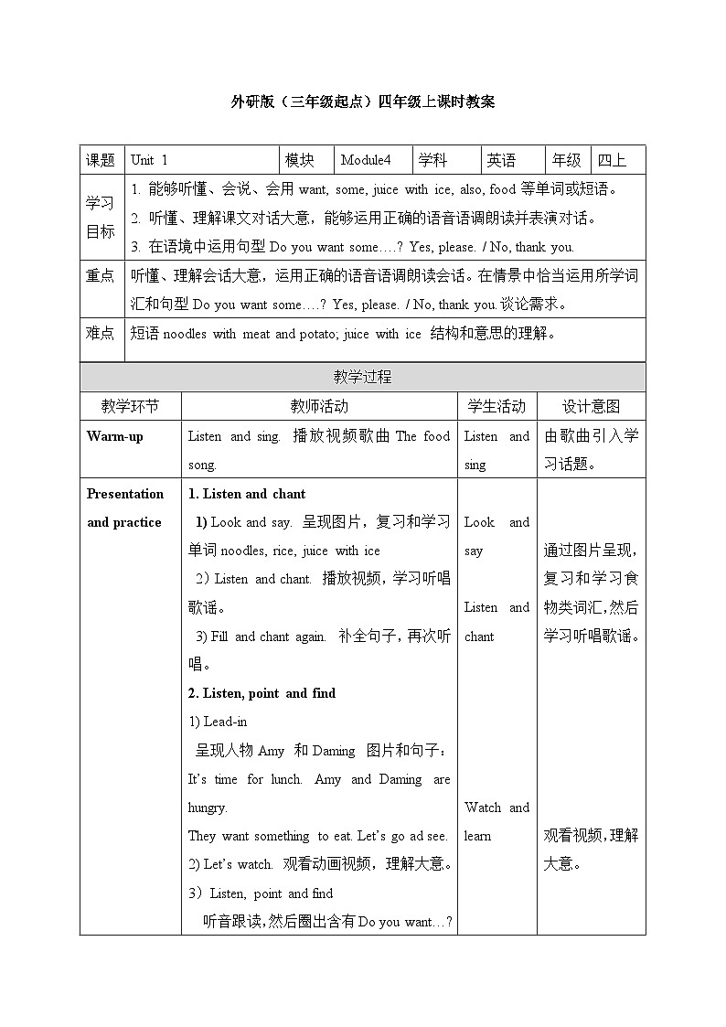 外研版英语四年级上册Module4Unit1Do you want some rice（课件＋教案＋练习＋素材）01