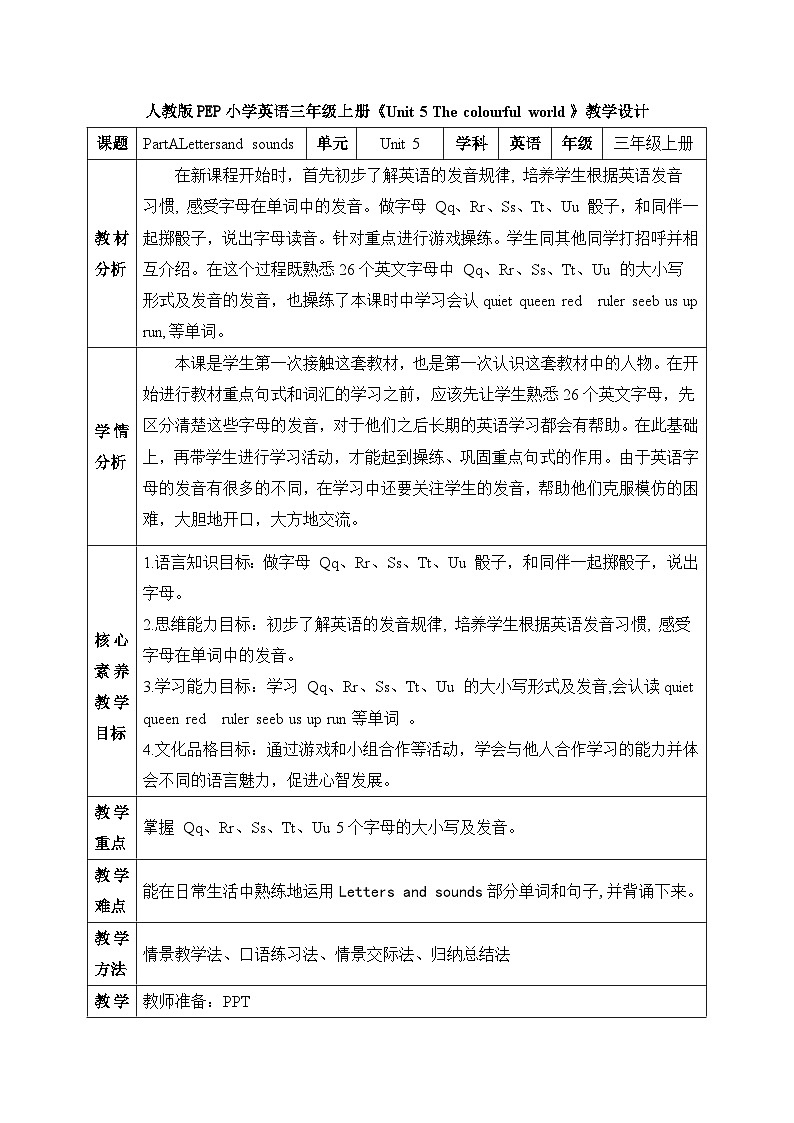 【核心素养】人教版英语三年级上册-Unit 5 The colourful world  Part A Letters and sounds 课件+教案+习题01