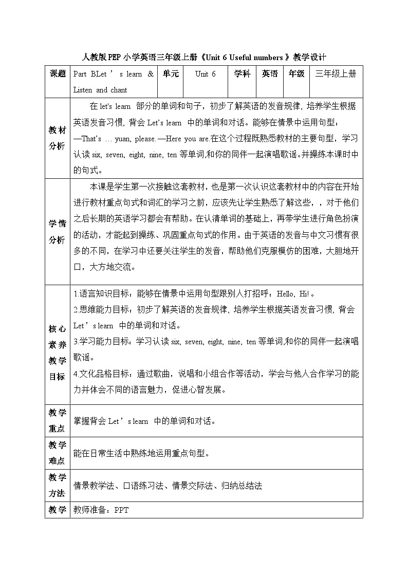 【核心素养】人教版英语三年级上册-Unit 6 Useful numbers  Part B Let's learn & Listen and chant 教案第1页