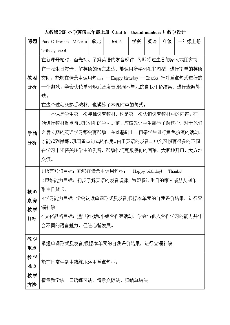 【核心素养】人教版英语三年级上册-Unit 6 Useful numbers  Part C Project课件+教案+习题01