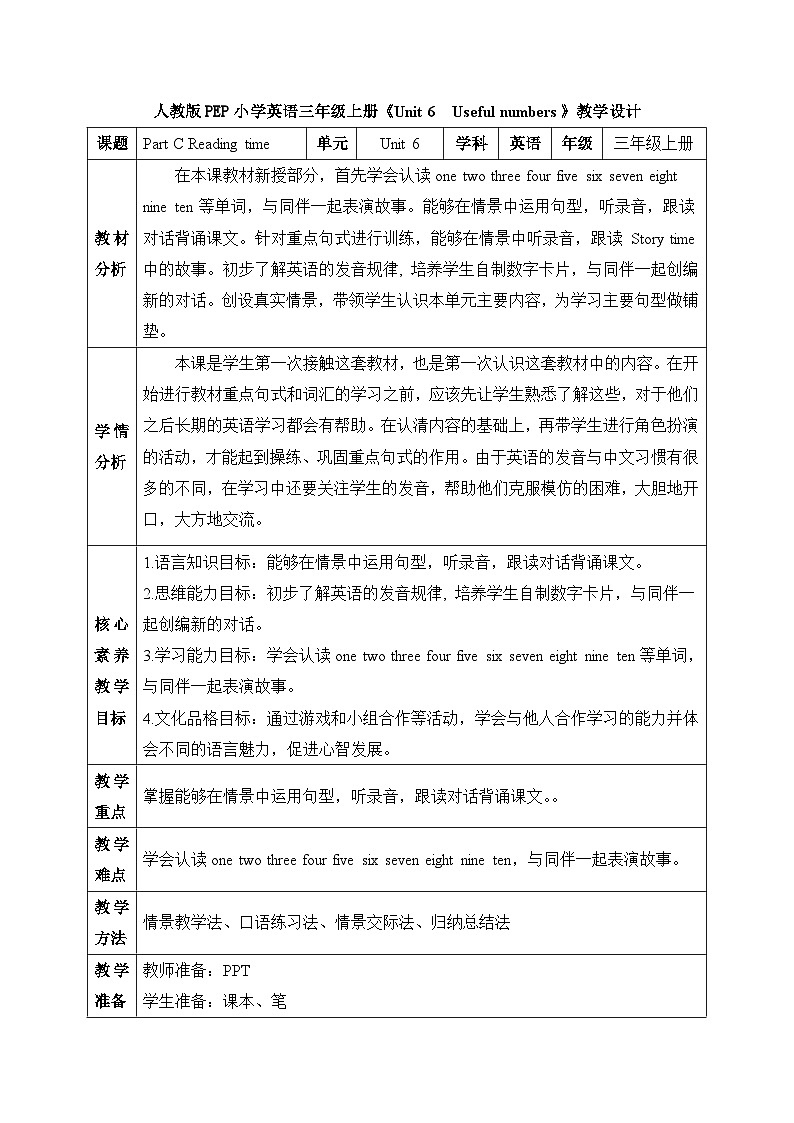 【核心素养】人教版英语三年级上册-Unit 6 Useful numbers  Part C Reading time课件+教案+习题01