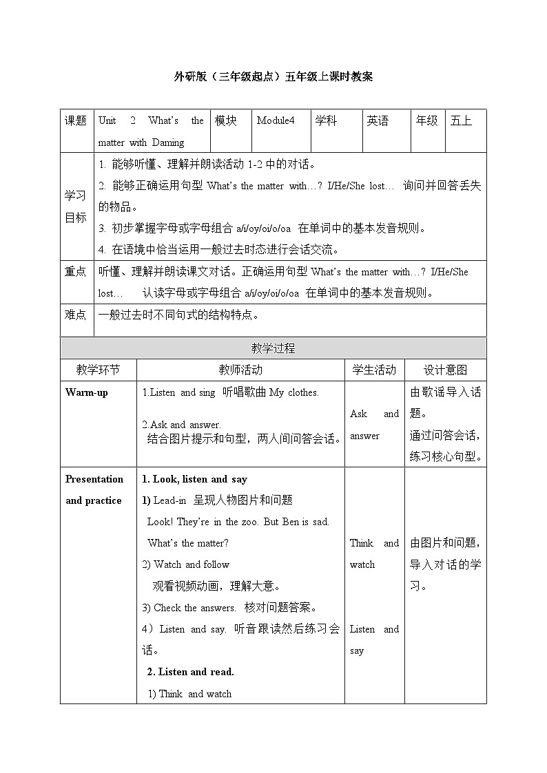 外研版英语五年级上册Module4 Unit2 What’s the matter with Daming（课件＋教案＋练习＋素材）01