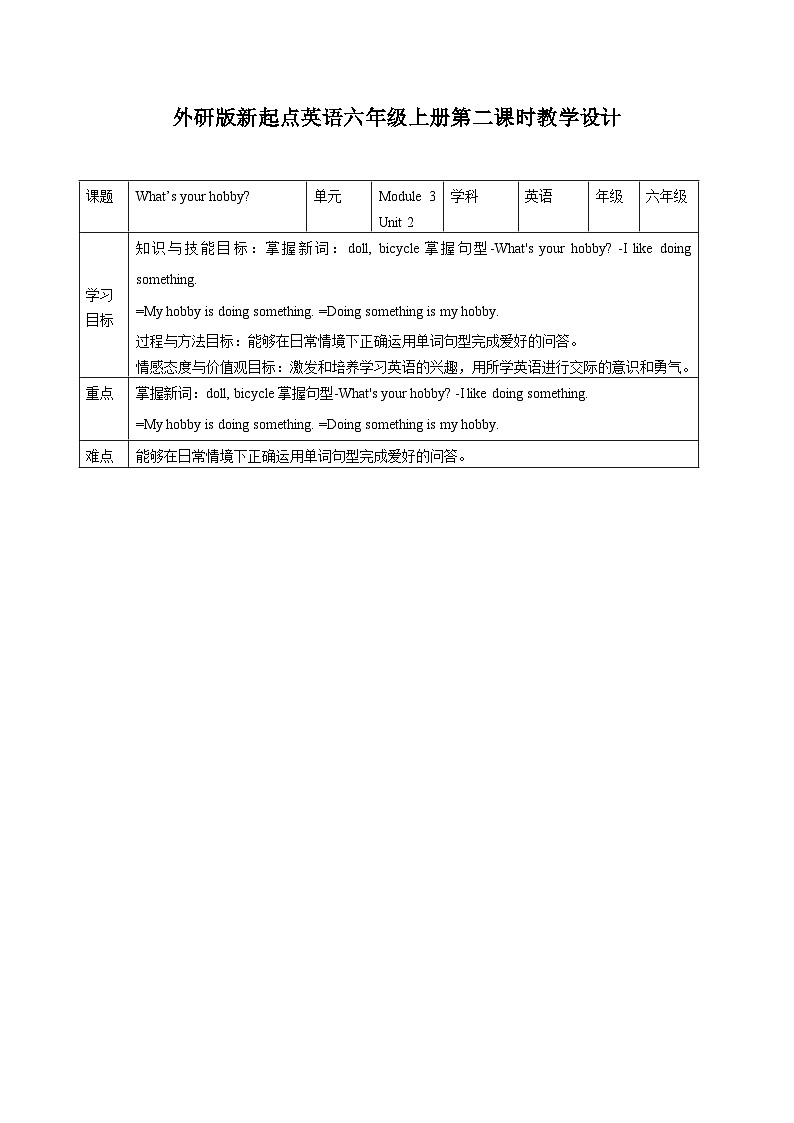 外研版英语六年级上册Module 3 Unit 2 What’s your hobby（课件＋教案＋练习＋素材）01