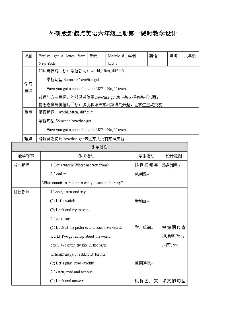 外研版英语六年级上册Module 6 Unit 1 You’ve got a letter from New York（课件＋教案＋练习＋素材）01