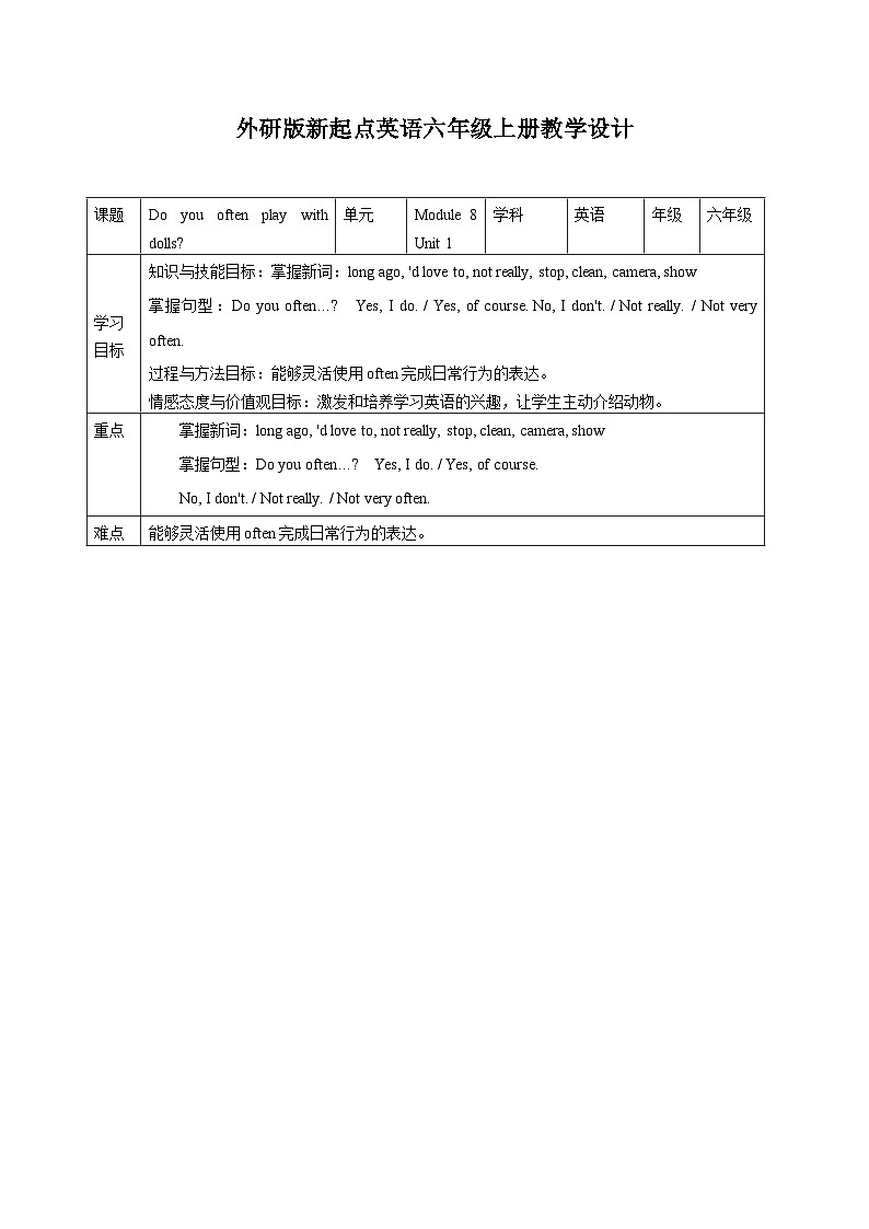 外研版英语六年级上册Module 8 Unit 1 Do you often play with dolls（课件＋教案＋练习＋素材）01