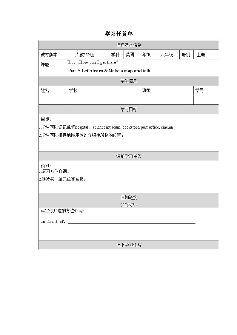 【核心素养】人教PEP版英语六年级上册 Unit 1（第1课时） Part A Let's learn&Make a map and talk 教学课件+同步教案+同步练习+任务单+同步教案01