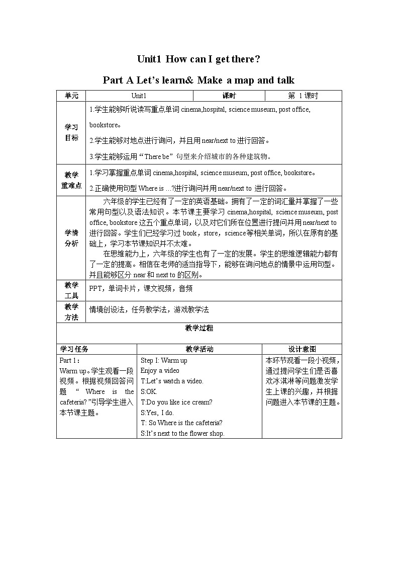 【核心素养】人教PEP版英语六年级上册 Unit 1（第1课时） Part A Let's learn&Make a map and talk 教学课件+同步教案+同步练习+任务单+同步教案01