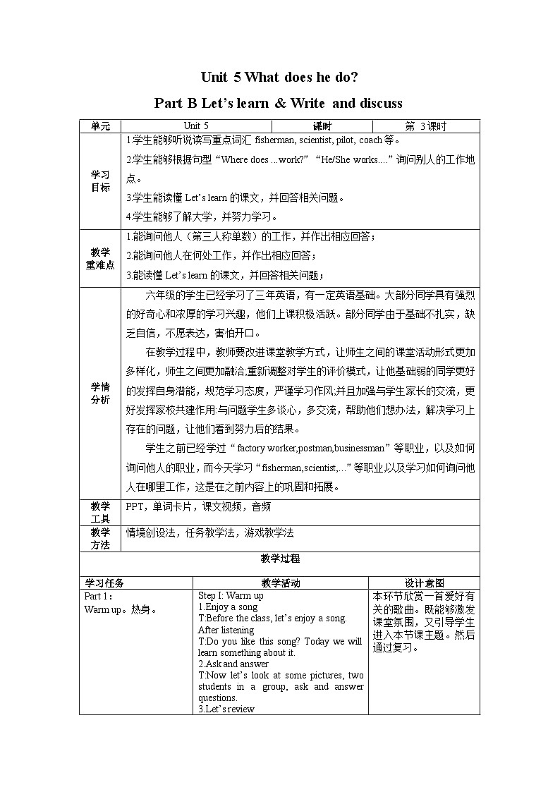 【核心素养】人教PEP版英语六年级上册 Unit 5（第3课时） Part B Let's learn&Write and discuss 教学课件+同步教案+同步练习+任务单+同步教案01