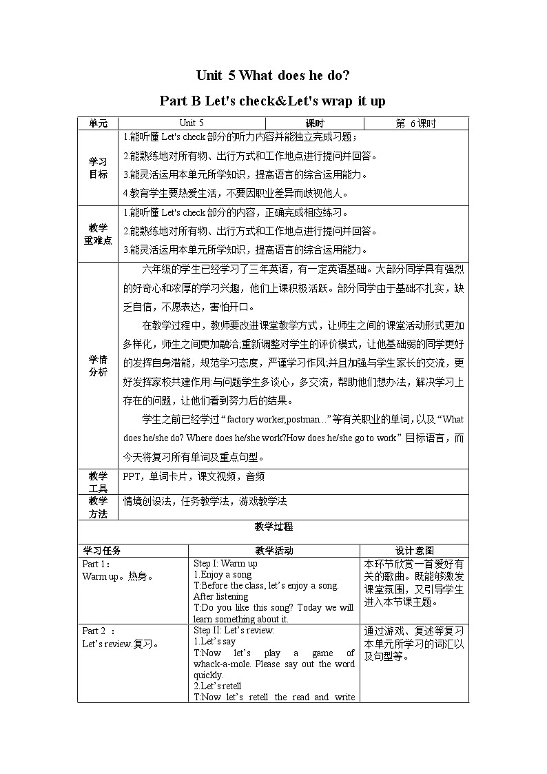 【核心素养】人教PEP版英语六年级上册 Unit 5（第6课时） Part B Let's check&Let's wrap it up 教学课件+同步教案+同步练习+任务单+同步教案01