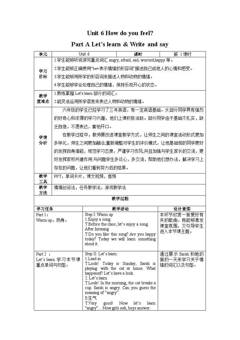 【核心素养】人教PEP版英语六年级上册 Unit 6（第1课时） Part A Let's learn&Write and say 教学课件+同步教案+同步练习+任务单+同步教案01