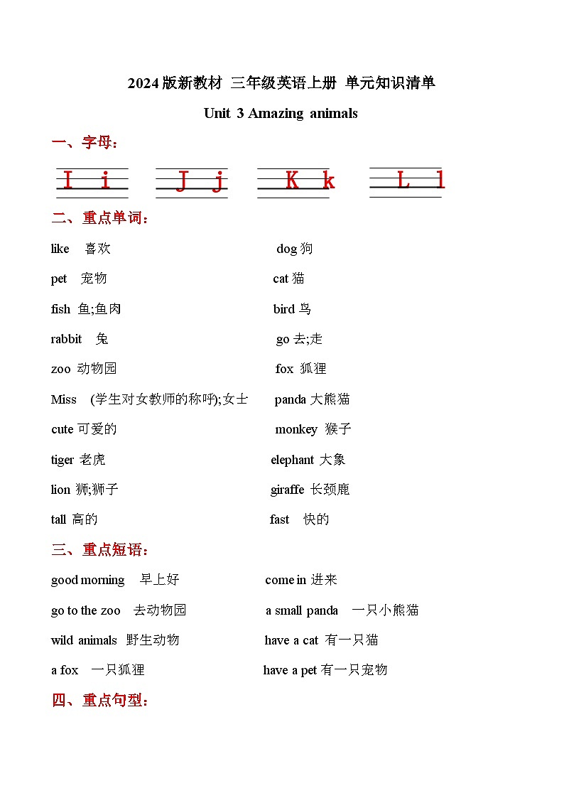 2024新教材人教PEP  三年级英语上册 Unit3 单元知识清单01