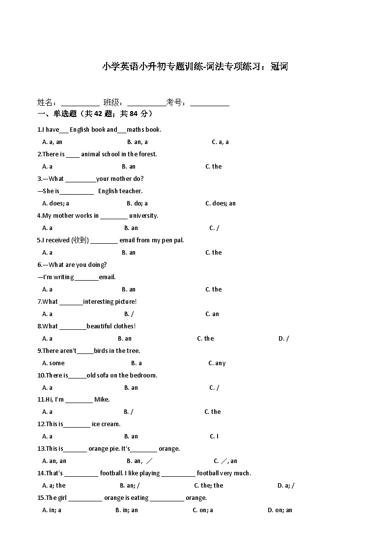 译林版小学英语小升初专题训练-词法专项练习：冠词 50题 11页 含答案01