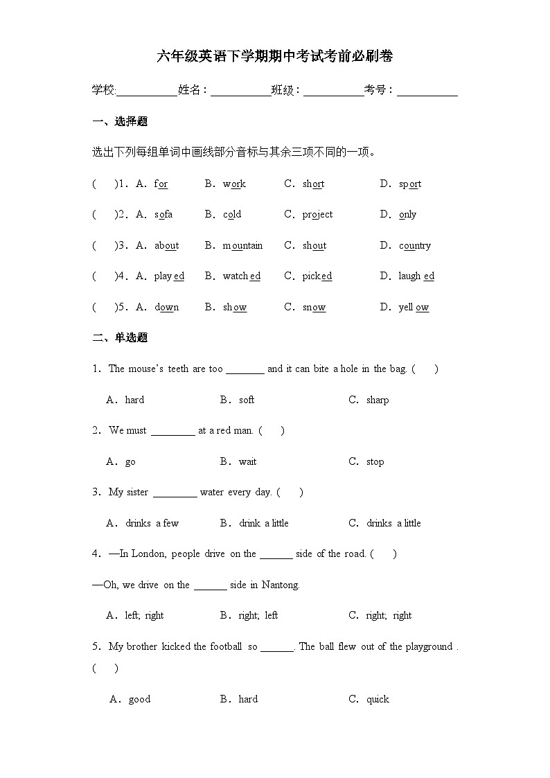 2023-2024学年英语译林版六年级下册期中考试考前必刷卷（含答案）01