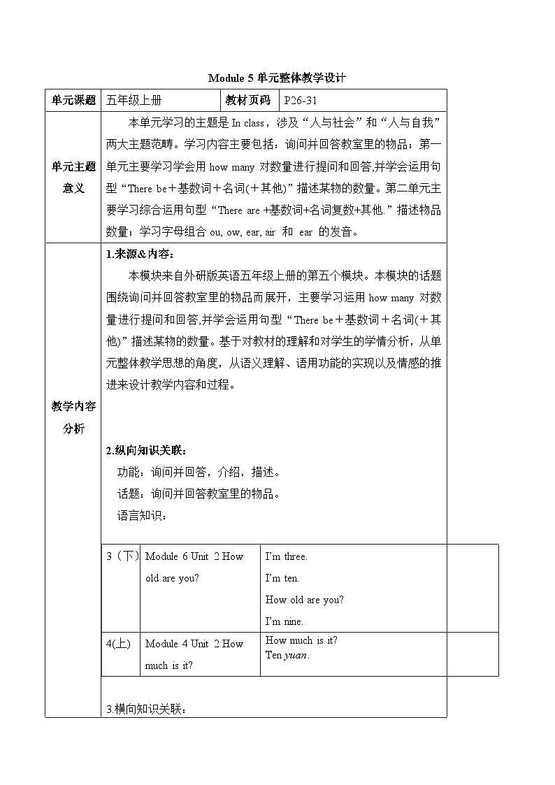外研版英语五年级上册 Module 5 Unit 1 《There are only nineteen crayons.》 单元整体教学设计第1页