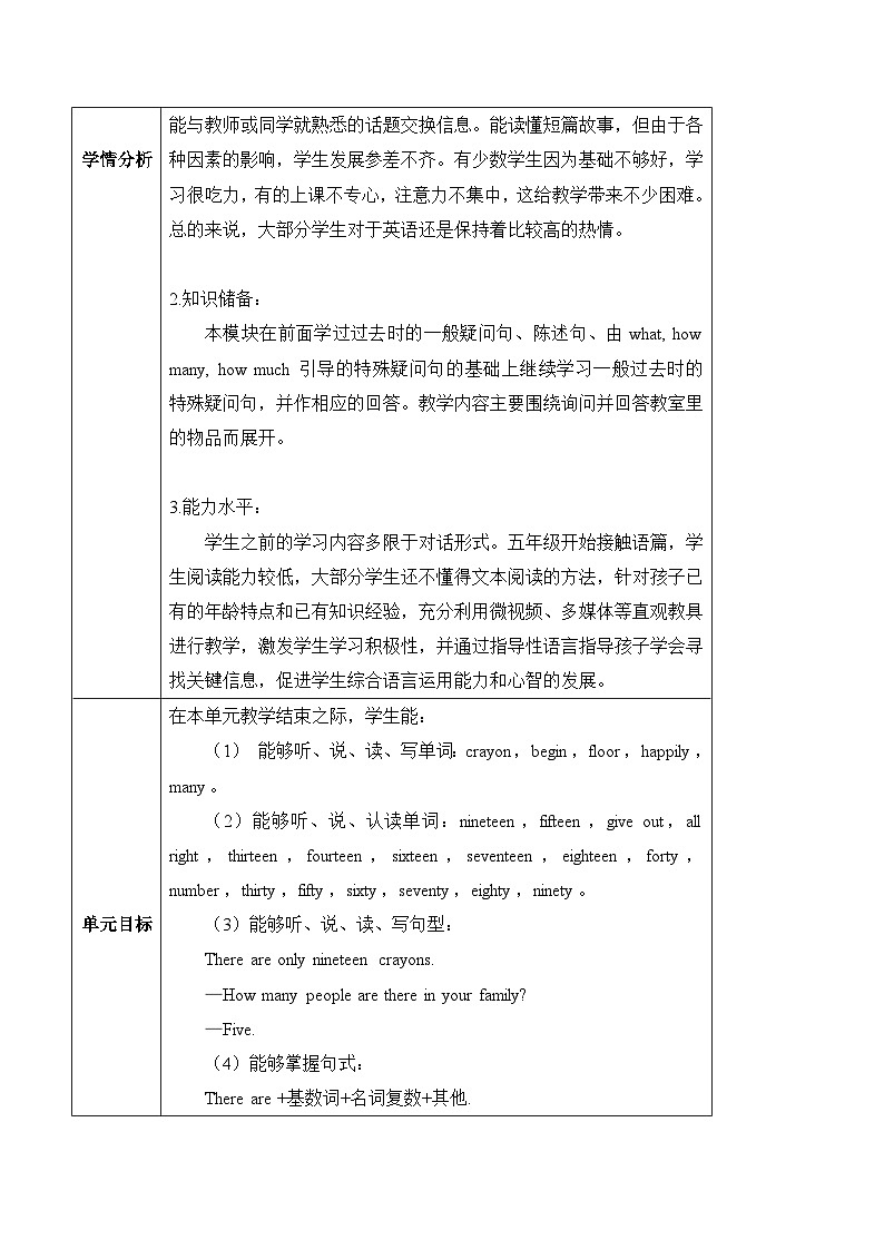 外研版英语五年级上册 Module 5 Unit 1 《There are only nineteen crayons.》 单元整体教学设计第3页