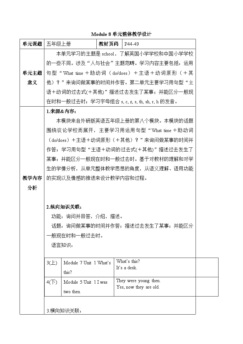 外研版英语五年级上册 Module 8 Unit 1 《What time does your school start？》课件+单元整体教学设计01