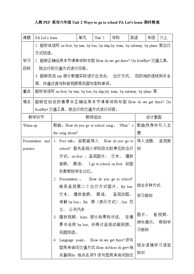 人教版英语六上Unit 2《 Ways to go to school PA Let's learn 》课件+教案+动画素材01