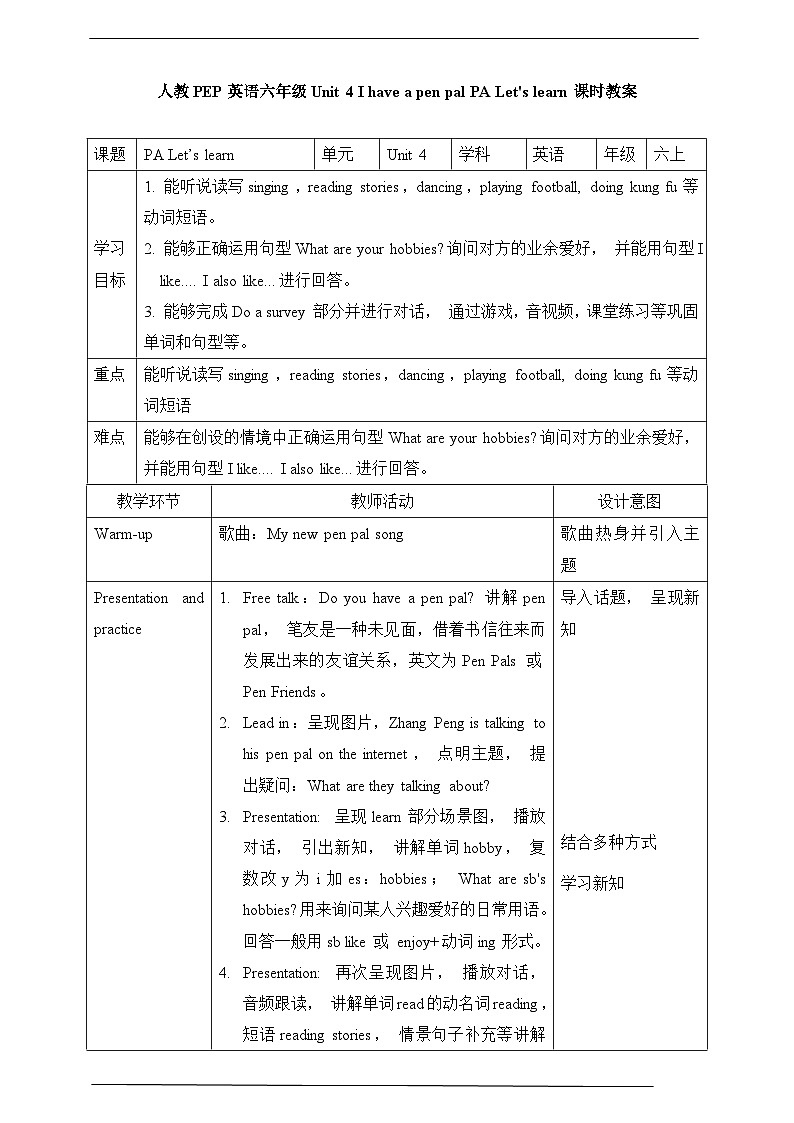 人教版英语六上Unit 4 《I have a pen pal PA Let's learn 课件+教案+动画素材01