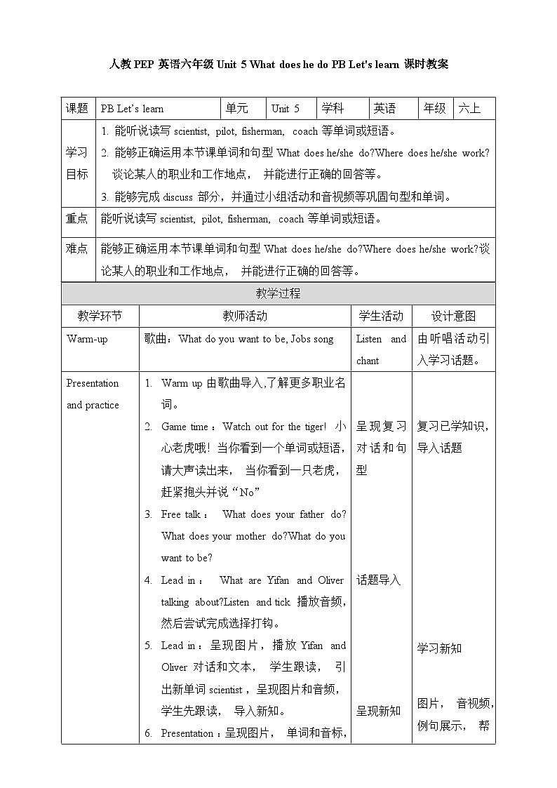 人教版英语六上Unit 5 《What does he do PB Let's learn》 课件+练习+动画素材01