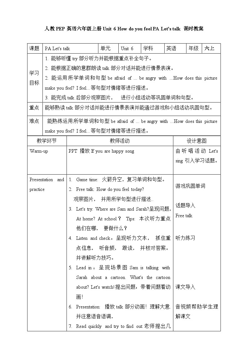 人教版英语六上Unit 6 《How do you feel PA Let's talk》课件+教案+动画素材01