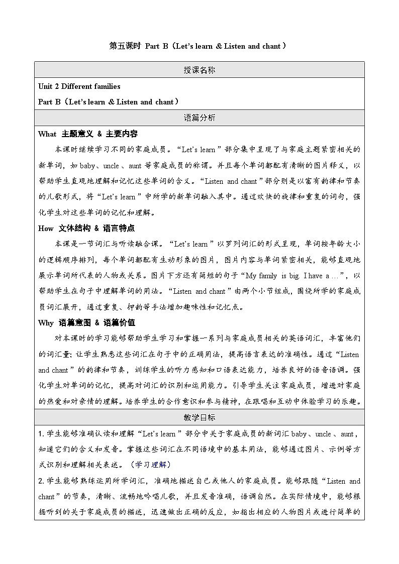 Unit 2 Different families 第五课时 Part B（Let's learn & Listen and chant）（教案）-2024-2025学年人教PEP版（2024）英语三年级上册01