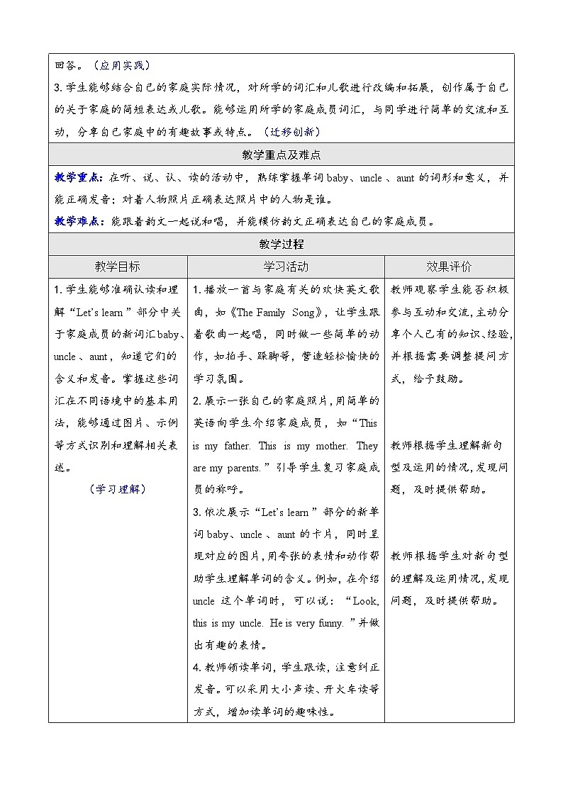 Unit 2 Different families 第五课时 Part B（Let's learn & Listen and chant）（教案）-2024-2025学年人教PEP版（2024）英语三年级上册02