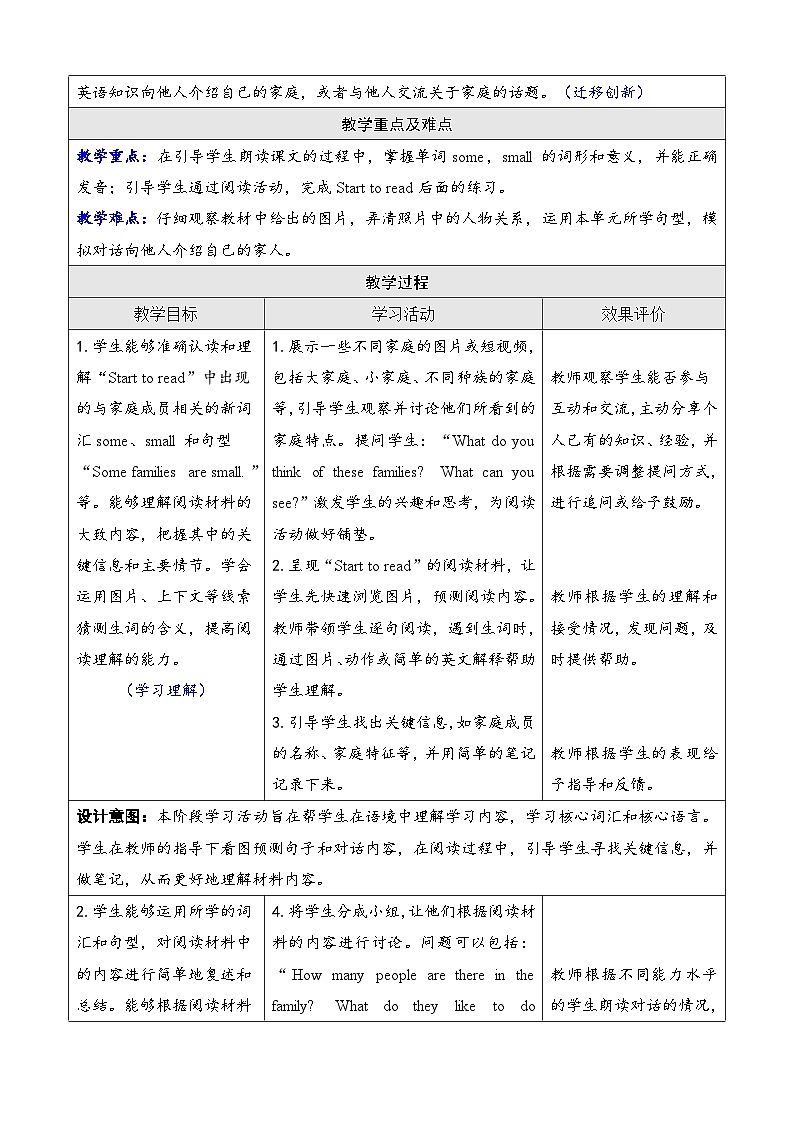 Unit 2 Different families 第六课时 Part B（Start to read & Reading time）（教案）-2024-2025学年人教PEP版（2024）英语三年级上册02