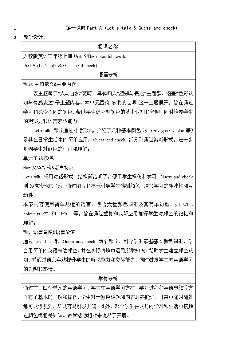 Unit 5 The colourful world 第一课时Part A (Let's talk & Guess and check)（教案）-2024-2025学年人教PEP版（2024）英语三年级上册01