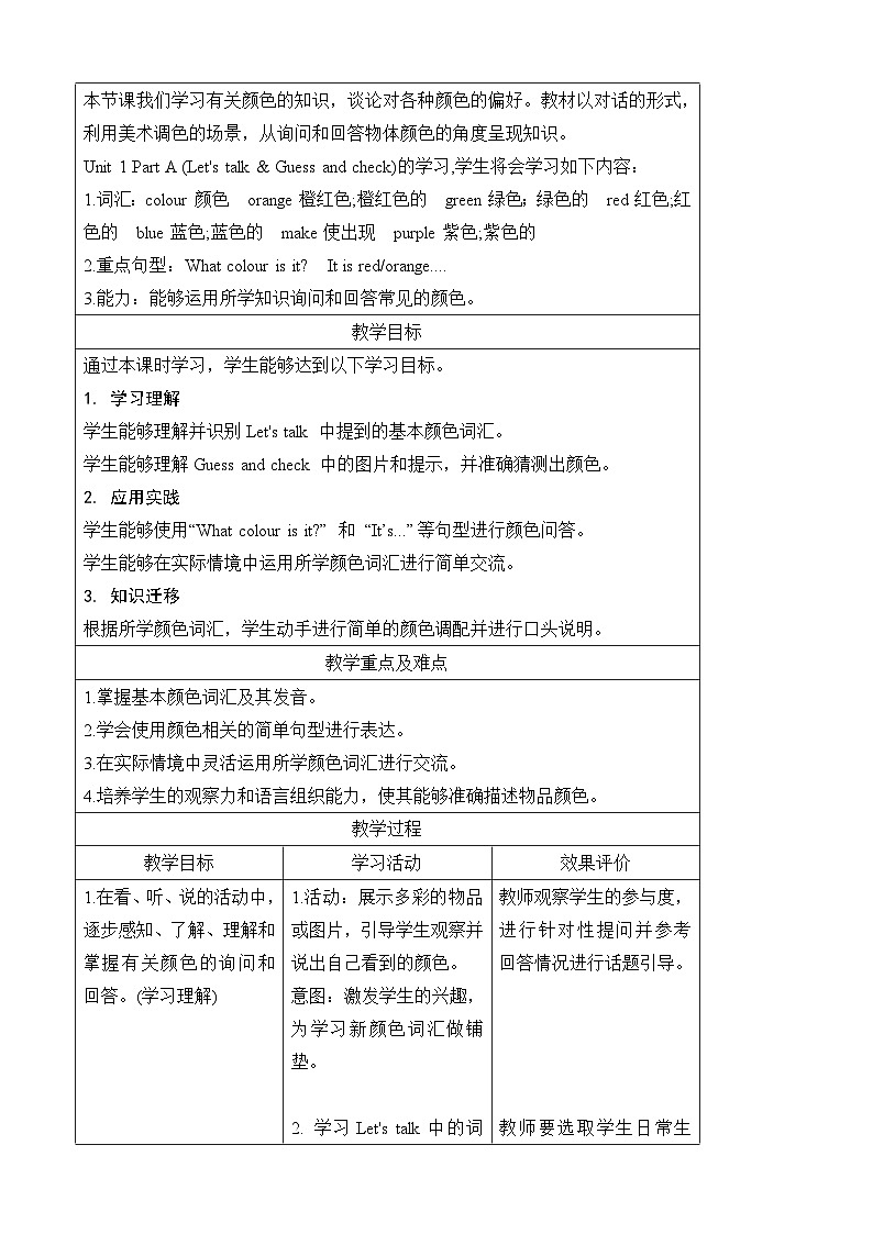 Unit 5 The colourful world 第一课时Part A (Let's talk & Guess and check)（教案）-2024-2025学年人教PEP版（2024）英语三年级上册02