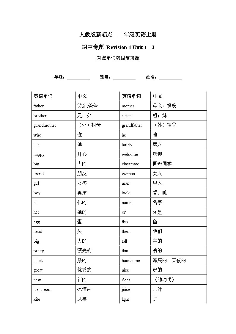 人教版新起点英语二上 unit1-unit3 重点单词巩固复习讲义01