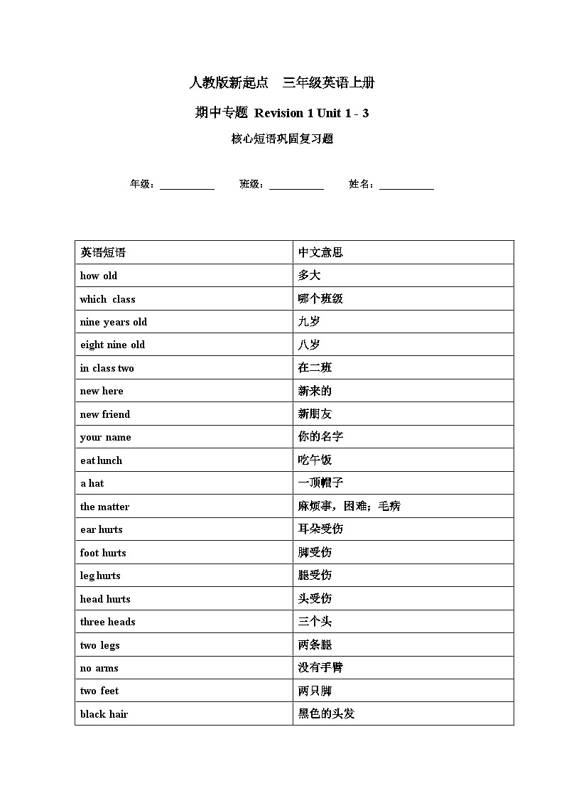 人教版新起点英语三上 unit1-unit3 核心短语巩固复习讲义第1页