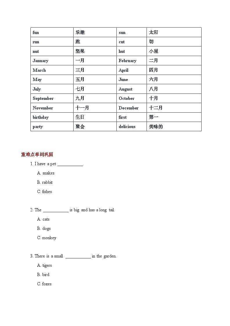 人教版新起点英语三上  unit4-unit6 重点单词巩固复习讲义02